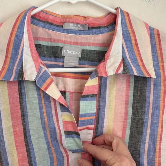 Chico's Women No-Iron FreshChic 100% Linen Striped rainbow colorful Tunic 12/14P - Picture 7 of 11